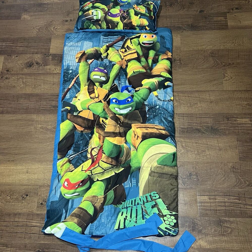 Nickelodeon 2015 TMNT Sleeping Bag Kids Mutant Ninja Turtles W Pillow 30x52 Blue